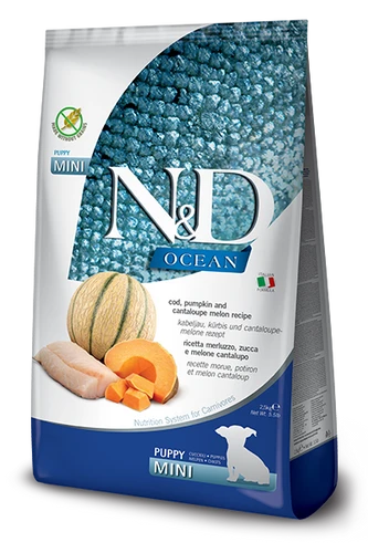 מזון יבש לגורי כלבים - N&D Ocean דג קוד דלעת ומלון מיני גורים 7 ק