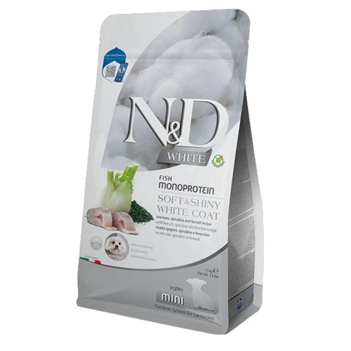 מזון יבש לגורי כלבים - N&D White Dog לברן (דג לברק, ספירולינה ושומר) מיני גור 1.5 ק