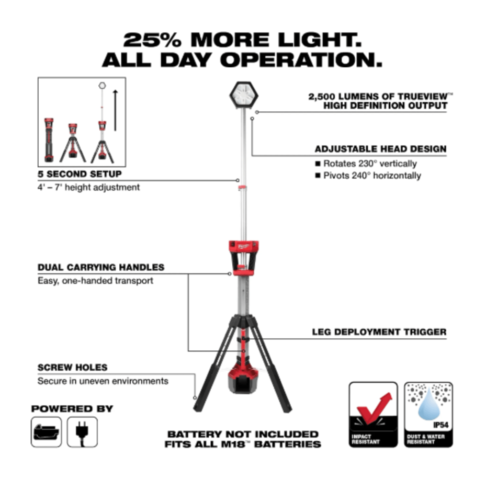 מגדל תאורה נטען Milwaukee M18 ROCKET 2131-20 Dual Power עד 2500 לומן גוף בלבד
