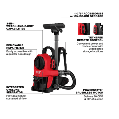 שואב גב נטען Milwaukee M18 FUEL 0895-20 יבש בלבד 3 ב 1 עם פילטר HEPA גוף בלבד