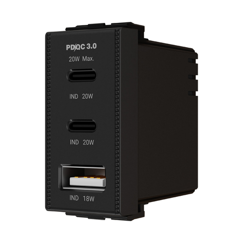 מטען 3 יציאות 1USB + 2TYPE-C 20W שחור 1 מודול LIPER SWITCH