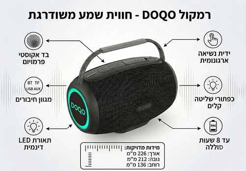 רמקול בלוטות' נייד Q45 עוצמתי 10W | תאורת LED צבעונית | סוללה לעד 8 שעות | חיבורי USB/AUX/MicroSD | שחור