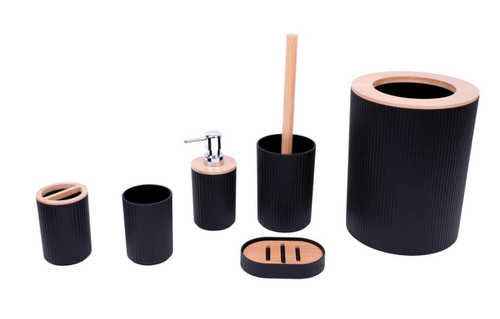 סט אביזרים לחדר הרחצה (6 חלקים): עיצוב שחור מט ונגיעות במבוק טבעי