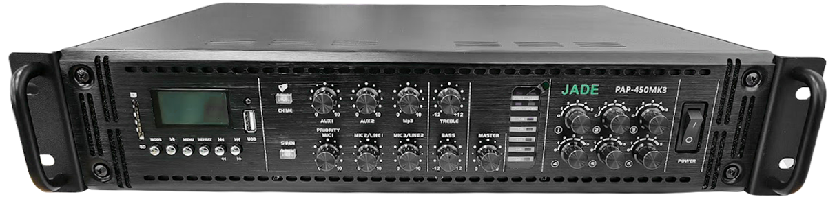 מגבר + שנאי , 6 כניסות , 6 אזורים ,נגן USB/SD , 450 RMS  PAP-450