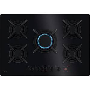 כיריים גז AEG HKB75453NB – ‏75 ס״מ, 5 להבות, זכוכית שחורה עם FlameLight, StepPower איי אי ג'י