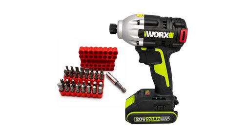 מארז מברגת אימפקט WORX ירוקה 20V עם שתי סוללות, מטען וסט ביטים 33 חלקים