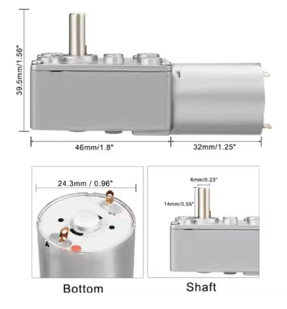 מנוע  עם גיר, 90 מעלות, ציר 6ממ DC6V 10RPM