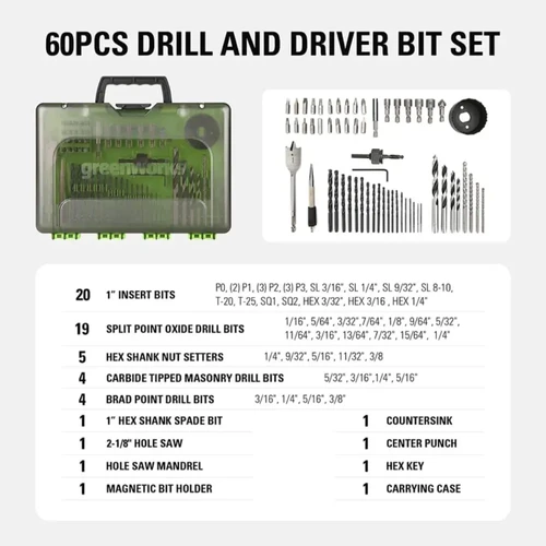 סט מקדחים וביטים Greenworks 60 חלקים הכולל מקדחים לעץ, מתכת ובטון, ביטים, מסור כוס ואביזרים במזוודת אחסון מסודרת.