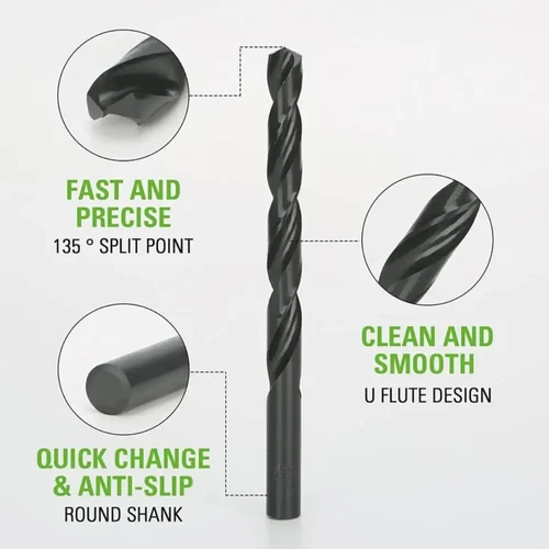 מקדח מתכת Greenworks בציפוי Black Oxide המאריך את חיי המקדח ומספק קידוח מדויק, מהיר ועמידות גבוהה בפני שחיקה
