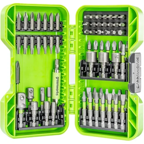 סט ביטים Greenworks 70 חלקים מדורג לאימפקט במזוודת אחסון קשיחה עם ביטים, מפתחות אום, מתאמי בוקסות ומחזיק ביט מגנטי.