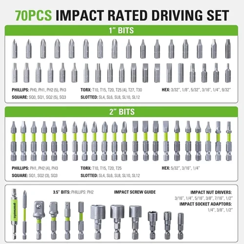 סט ביטים Greenworks 70 חלקים מדורג לאימפקט הכולל ביטים בשלושה אורכים, מפתחות אום, מתאמי בוקסות ומחזיק ביט מגנטי לעבודה מקצועית