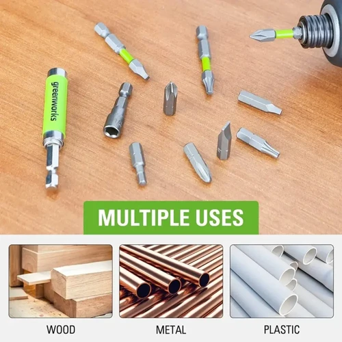 סט ביטים Greenworks מדורג לאימפקט המתאים לעבודה בעץ, מתכת ופלסטיק, עם מחזיק ביט מגנטי וביטים איכותיים למגוון סוגי ברגים