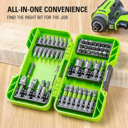 סט ביטים Greenworks 70 חלקים במזוודת אחסון קשיחה הכולל ביטים בשלושה אורכים, מפתחות אום, מתאמי בוקסות ומחזיק ביט מגנטי לעבודה מקצועית