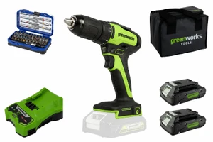 מקדחה מברגה נטענת 24V ללא פחמים עם מומנט 35NM מק"ט Greenworks 97946/6 - כולל כולל 2 סוללות 2Ah + מטען + סט ביטים