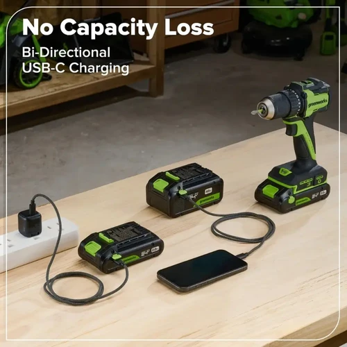 ערכת מברגת אימפקט Greenworks ID3220 הכוללת מברגה Brushless 220Nm, סוללת 2Ah, מטען USB-C 30W, כבל USB-C, ביט, קליפס חגורה ותיק נשיאה