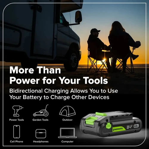 סוללת Greenworks 24V 2Ah עם Power Bank מובנה לטעינת כלי עבודה, טלפון נייד, מחשב נייד ואביזרים באמצעות USB-C.