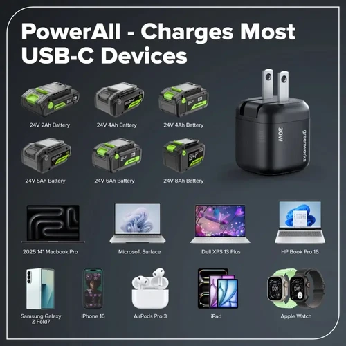 מטען USB-C 30W וסוללת Greenworks POWERALL 24V תואמים לטעינת מגוון רחב של מחשבים ניידים, טלפונים, טאבלטים ואביזרים באמצעות USB-C.