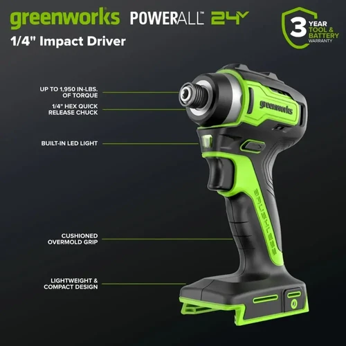 מברגת אימפקט Greenworks ID3220 24V Brushless עם מומנט 220Nm, צ'אק הקס 1/4 אינץ', תאורת LED מובנית ועיצוב קומפקטי וקל משקל