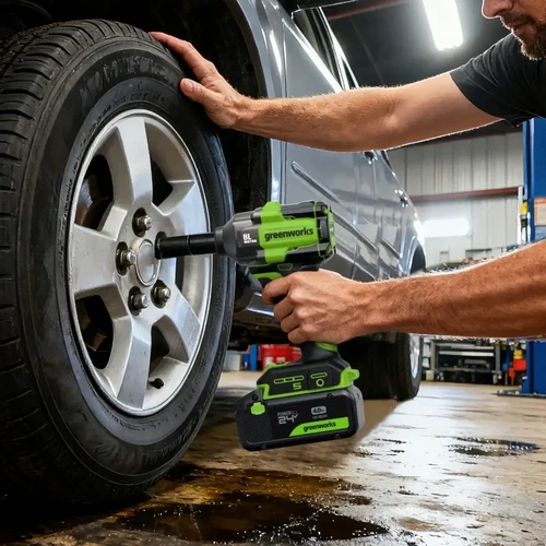 מפתח רטיטה Greenworks IW550 24V בפעולה על גלגל רכב, עם מומנט של 500Nm, סוללת 4Ah ותאימות לכל סוללות Greenworks POWERALL 24V
