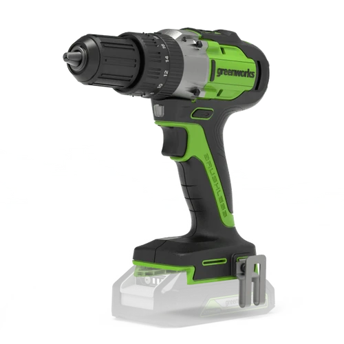 מברגה מקדחה נטענת Greenworks GD24DD60 Brushless 24V עם צ'אק מתכת ללא מפתח ומנוע ללא פחמים.