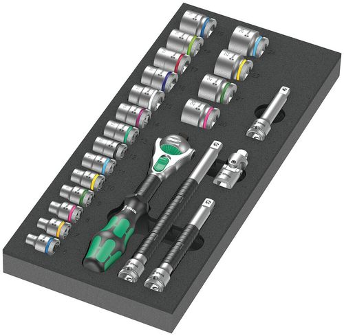 סט בוקסות וידית ראצ'ט Zyklop Speed בחיבור 3/8 במגש ספוג מוקצף דו-גווני הכולל 23 חלקים.