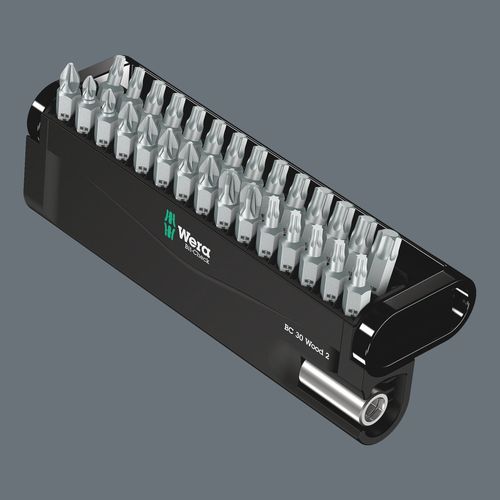 סט ביטים מסדרת Bit-Check Wood 2 SB הכולל 30 חלקים בתוך מארז נפתח.