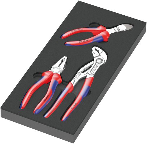 סט פליירים KNIPEX הכולל 3 חלקים בתושבת ספוג מוקצף לעגלת כלים.