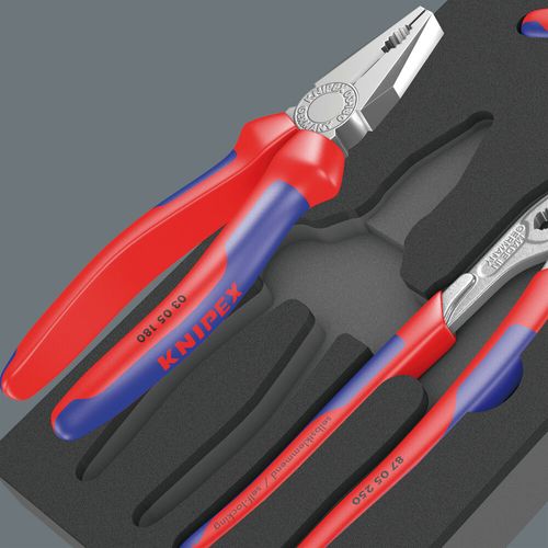 סט פליירים KNIPEX הכולל 3 חלקים בתושבת ספוג מוקצף לעגלת כלים.