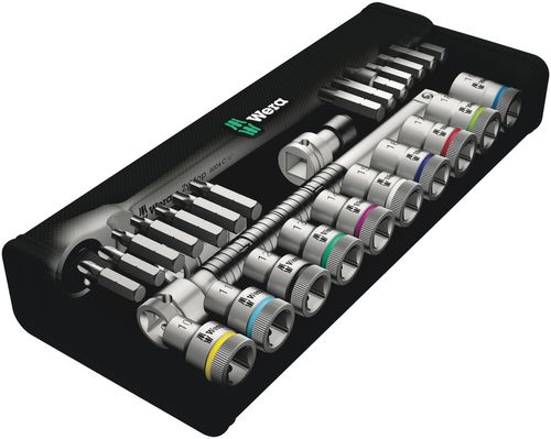 סט בוקסות ראצ'ט מתכת Zyklop Metal Switch עם חיבור 1/2 מרובע הכולל 28 חלקים בנרתיק טקסטיל.