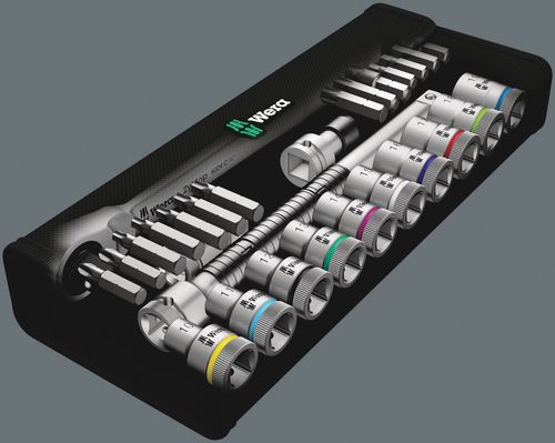 סט בוקסות ראצ'ט מתכת Zyklop Metal Switch עם חיבור 1/2 מרובע הכולל 28 חלקים בנרתיק טקסטיל.