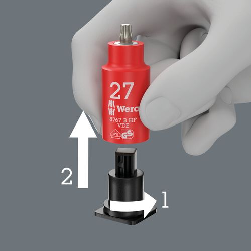 סט ביט בוקסות Torx ואלן VDE מבודדות עם 11 חלקים וחיבור 3/8 מרובע, הכולל מנגנון HF (פונקציית החזקה ייעודית holding function).