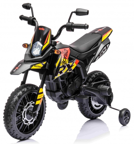 אופנוע ממונע 12V לילדים דמוי Aprilia S317 עם גלגלי עזר, תאורה ואפקים קוליים - צהוב