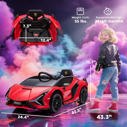 מכונית ממונעת 12V לילדים למבורגיני Lamborghini עם גלגלי EVA, מערכת מוזיקה ושלט רחוק - אדום