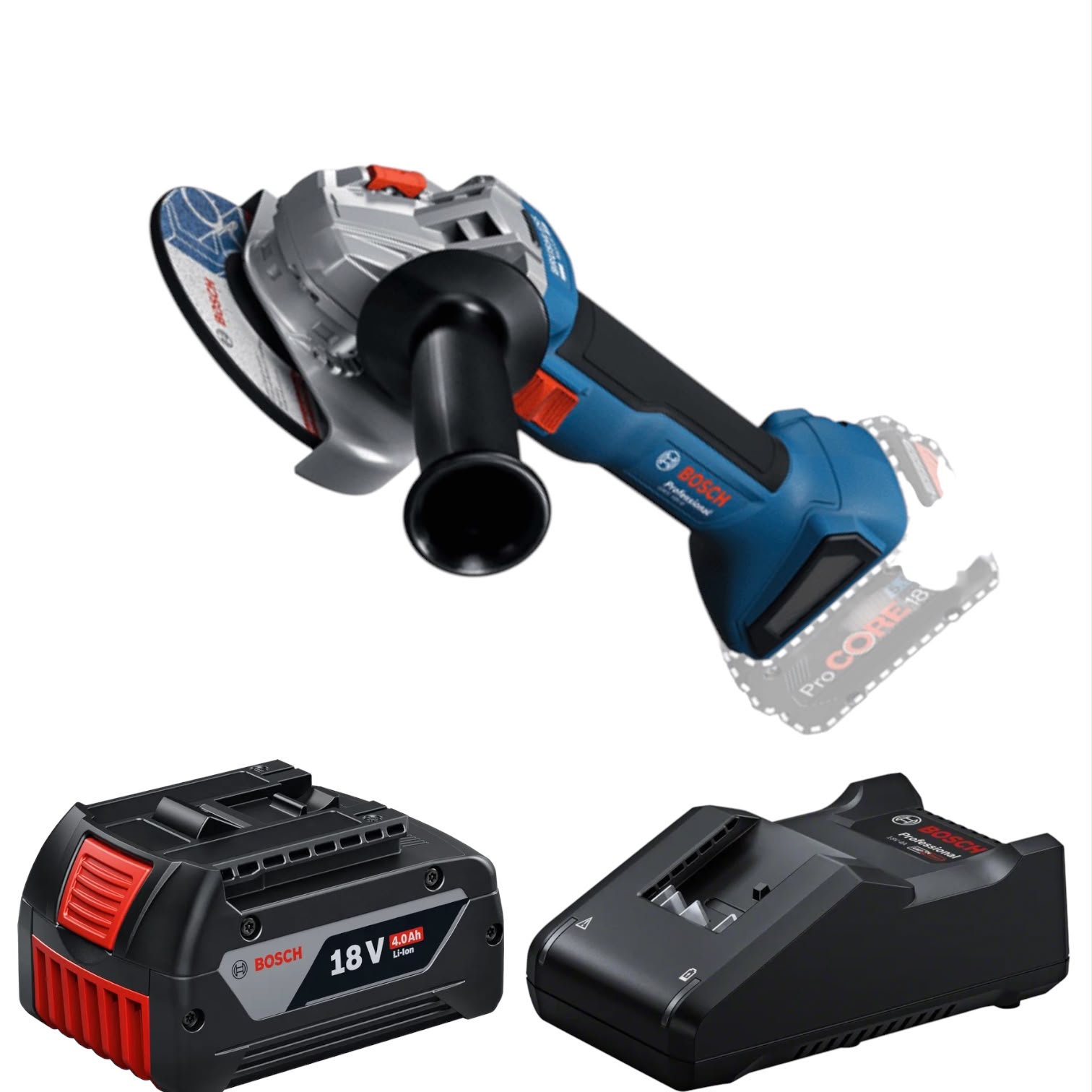 קיט משחזת זווית נטענת Bosch Professional GWS 18V-8 125 מ”מ + סוללת 4.0Ah + מטען GAL 18V-40