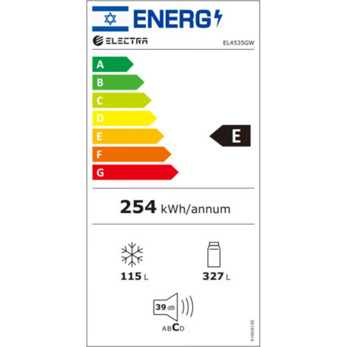 מקרר מקפיא תחתון 442 ליטר Electra דגם EL4535GW עם התקן שבת מובנה - גימור זכוכית לבנה