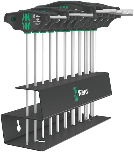 סט מברגי אלן ידית T עם פרופיל Hex-Plus ופונקציית HF במידות אינצ'יות, כולל 10 חלקים ומעמד מתכת.