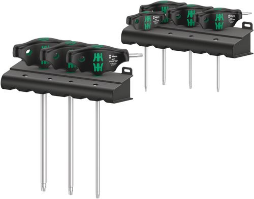 סט מברגי ידית T טורקס TORX HF הכולל 7 חלקים במעמדי אחסון.