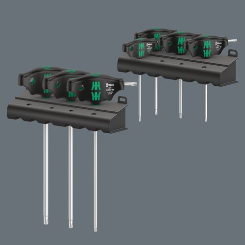 סט מברגי ידית T טורקס TORX HF הכולל 7 חלקים במעמדי אחסון.