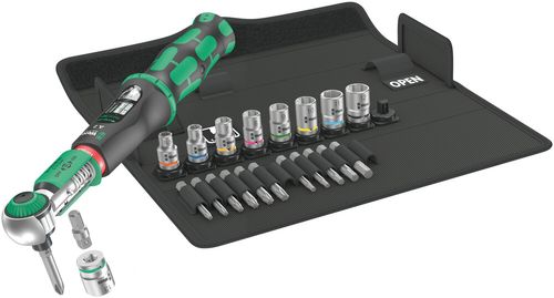 סט ידית מומנט Safe-Torque A 2 בחיבור 1/4 משושה וטווח 2-12 Nm, הכולל 23 חלקים במארז קומפקטי.