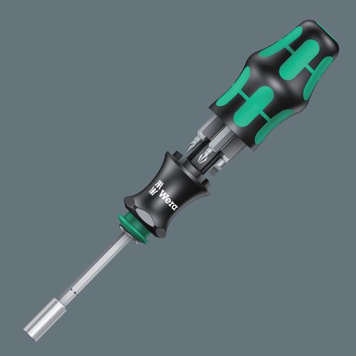 סט מברג לביטים Kraftform Kompakt 28 הכולל להב טלסקופי, ידית ארגונומית ומחסנית עם 6 ביטים.