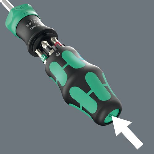 סט מברג ראצ'ט Kraftform Kompakt 28 RA עם חיבור 1/4 משושה הכולל מחסנית ביטים נסתרת ונרתיק נשיאה.