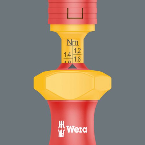 ידית מברג מומנט מתכווננת מבודדת VDE בטווח 1.2-3.0 Nm, מיועדת לעבודות חשמל בטוחות.