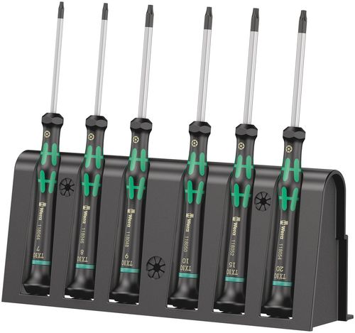סט מברגי אלקטרוניקה TORX BO מסדרת Kraftform Micro הכולל 6 חלקים ומעמד לאחסון.