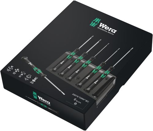 סט מברגי אלקטרוניקה TORX BO מסדרת Kraftform Micro הכולל 6 חלקים ומעמד לאחסון.