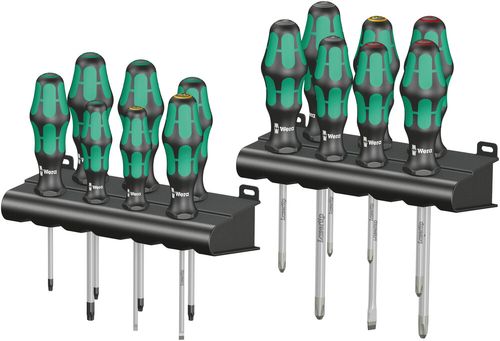 סט מברגים מעורב מסדרת Kraftform Big Pack 300 הכולל 14 חלקים ושני מתקני תלייה.