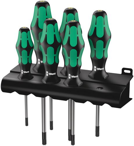 סט מברגים טורקס עם חור (TORX BO) הכולל 6 חלקים ומעמד אחסון.