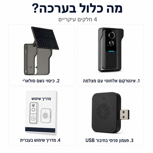 אינטרקום אלחוטי סולארי עם מצלמה ופעמון פנימי מבית Tuya