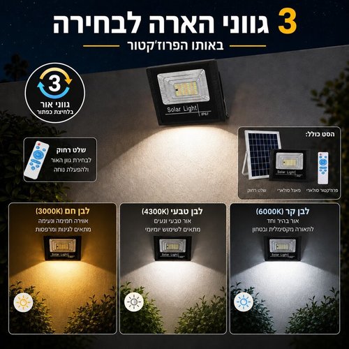 פרוז’קטור סולארי 40W כולל 3 גווני הארה: צהוב, לבן חם ולבן קר