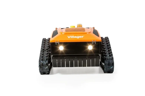 מבט חזיתי על מכסחת העשבייה עם שלט רחוק Villager VILLYRC53 הכוללת מערכת הנעה זחלית, תאורת עבודה קדמית ומנוע היברידי עוצמתי