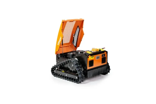 מכסחת העשבייה עם שלט רחוק Villager VILLYRC53 עם מכסה מנוע פתוח המאפשר גישה נוחה למנוע ולתחזוקה שוטפת